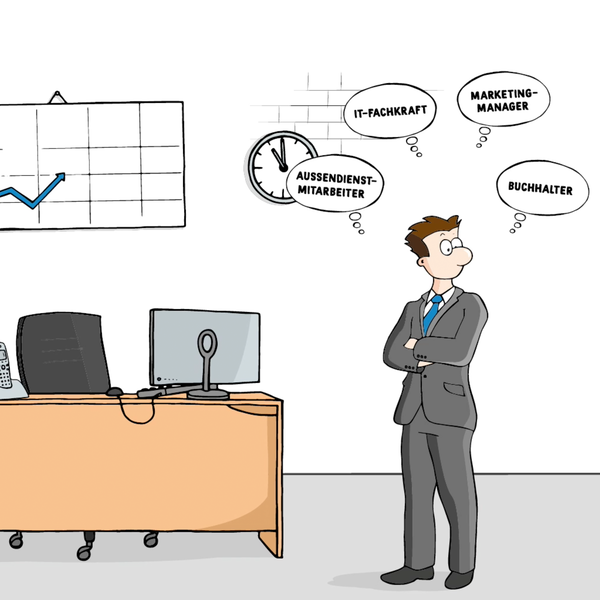 Cartoon-Illustration eines Büroangestellten, der über verschiedene Jobpositionen nachdenkt
