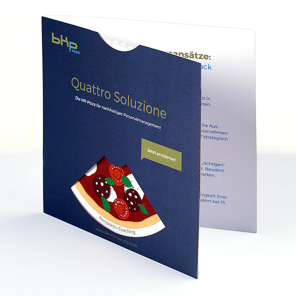 bkp GmbH „Quattro Soluzione“, physisches Mailing in Form eines Miniatur-Pizzakartons