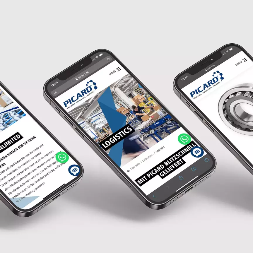 Drei Smartphone-Mockups zeigen die mobile Ansicht der Picard Website