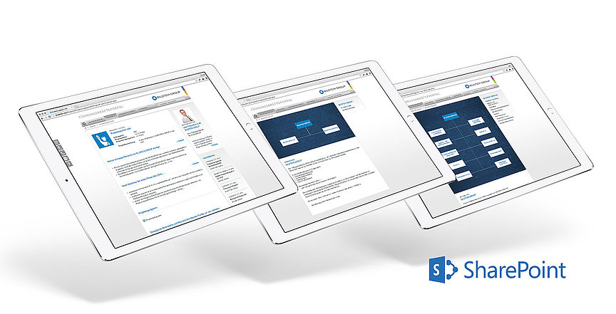 Integration von SharePoint auf der Bilstein Gruppe Website wird auf drei Tablets dargestellt