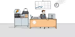 Cartoon-Illustration eines Büroangestellten, der grinsend an seinem Schreibtisch sitzt