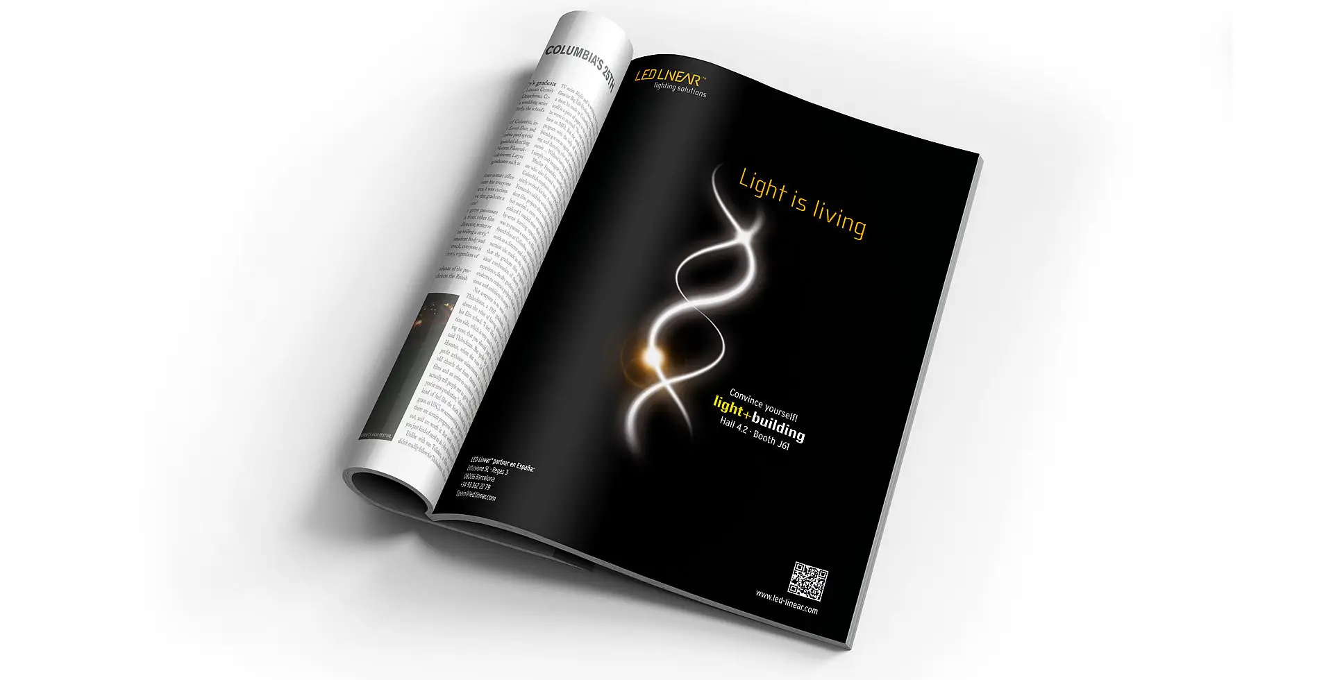 Corporate design magazine ad for LED Linear featuring a black motif and the tagline “Light is living”