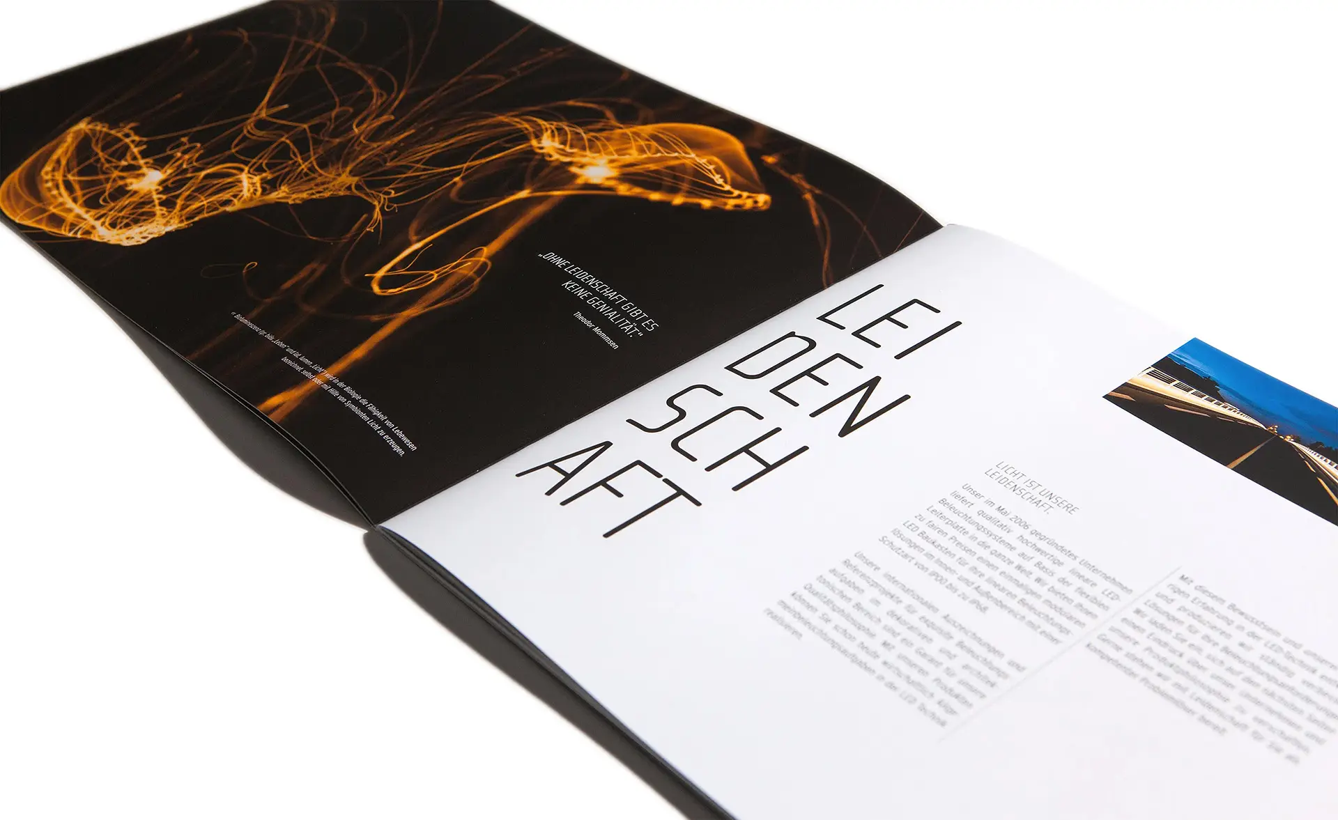 Corporate design brochure for LED Linear featuring a double-page spread titled "PASSION" and abstract trails of light