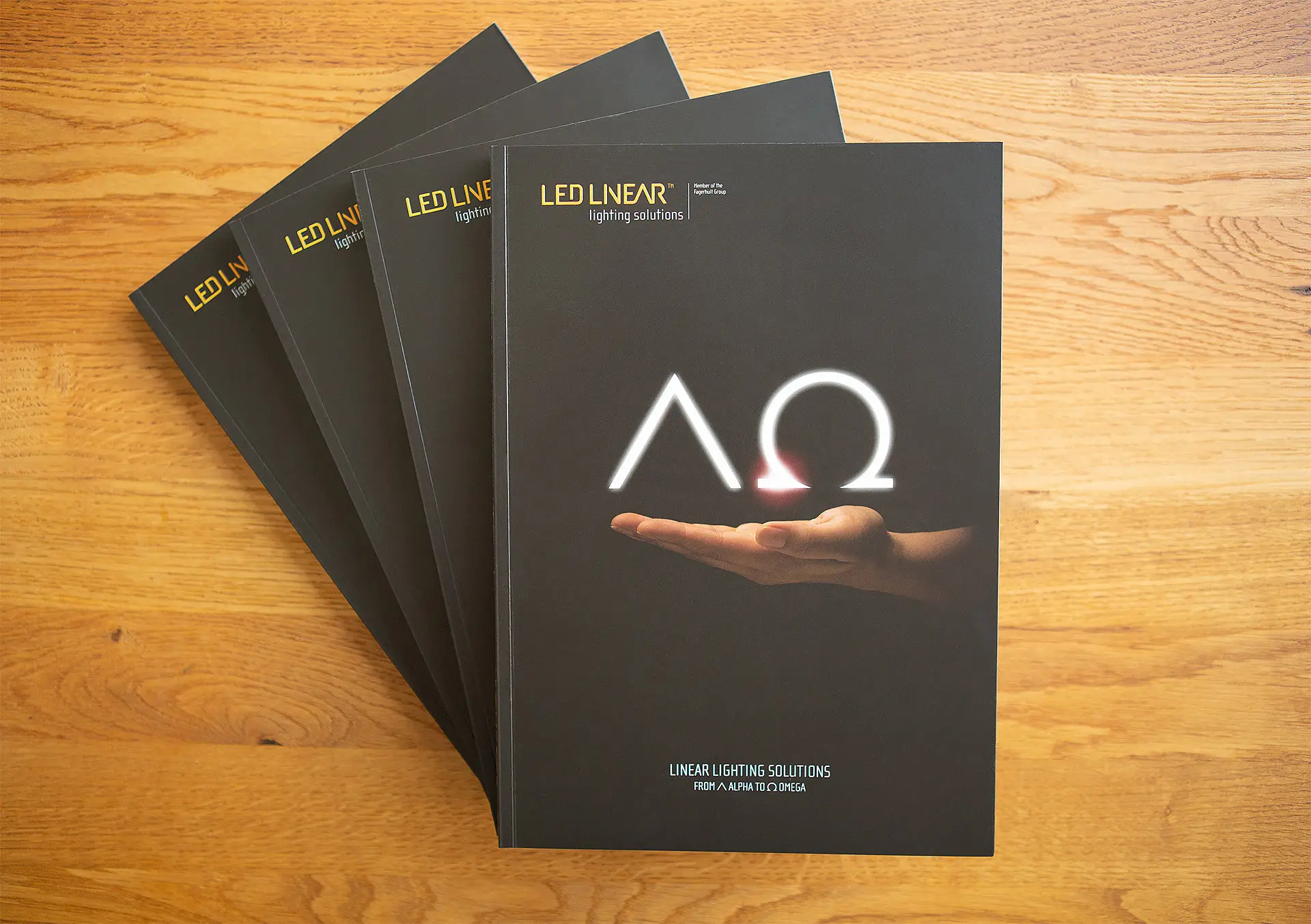 Branding LED Linear: Black brochure with an AO light symbol stacked on a wooden table, resting on a hand