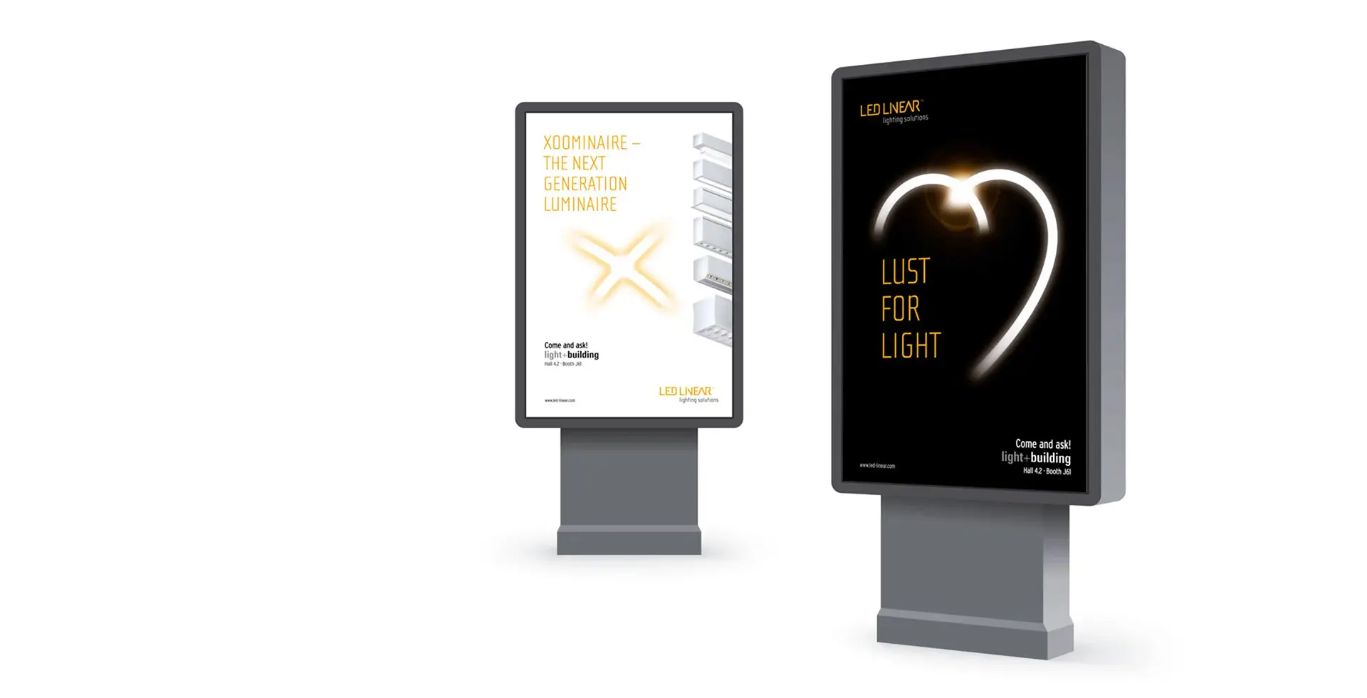 Corporate Design City-Light posters for LED Linear featuring the “XOOMINAIRE” and “LUST FOR LIGHT” motifs against a white background
