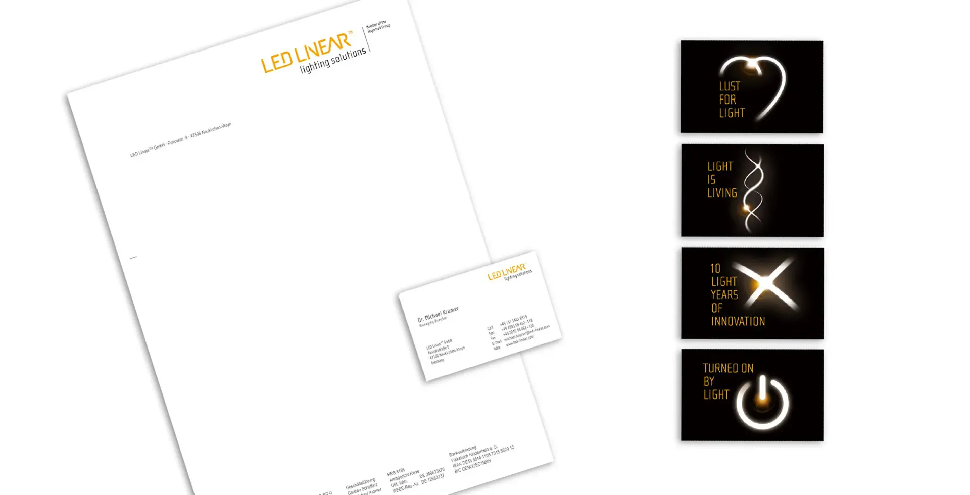 Corporate design for LED Linear, featuring a notepad, business card, and four lighting motifs with typographic taglines