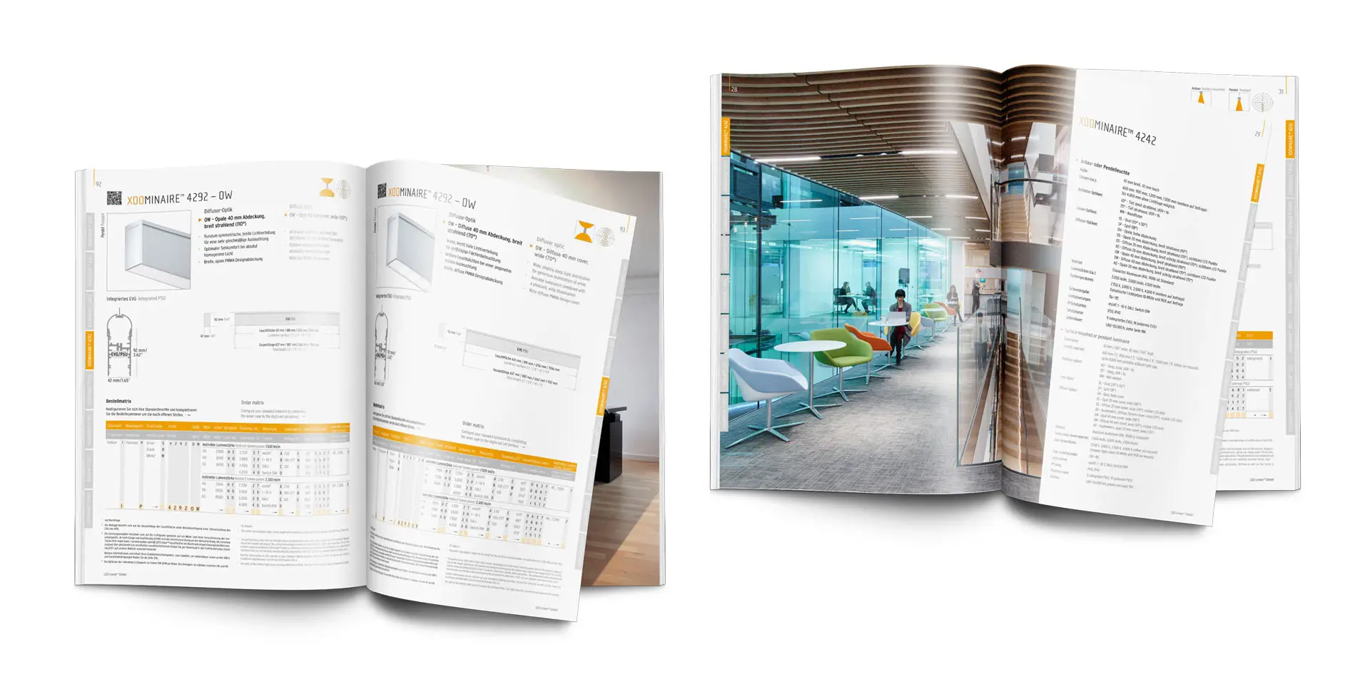 LED Linear Corporate Design: Fold-out product catalog with technical data sheets and office reference photos