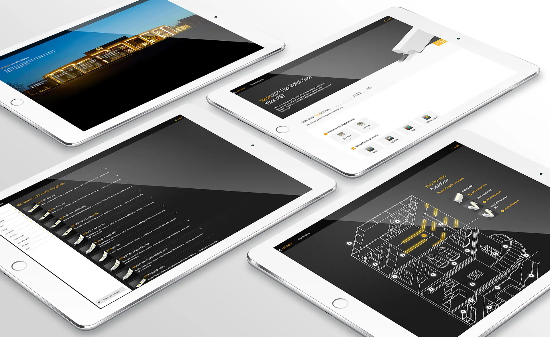 LED Linear Corporate Design: Four iPads with a digital product and lighting design app featuring a black-and-yellow UI