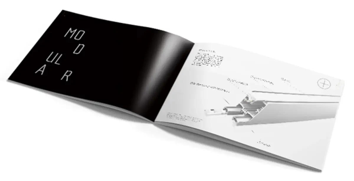 An open LED Linear promotional brochure featuring the die-cut title “MODULAR” and a technical illustration of an LED profile.
