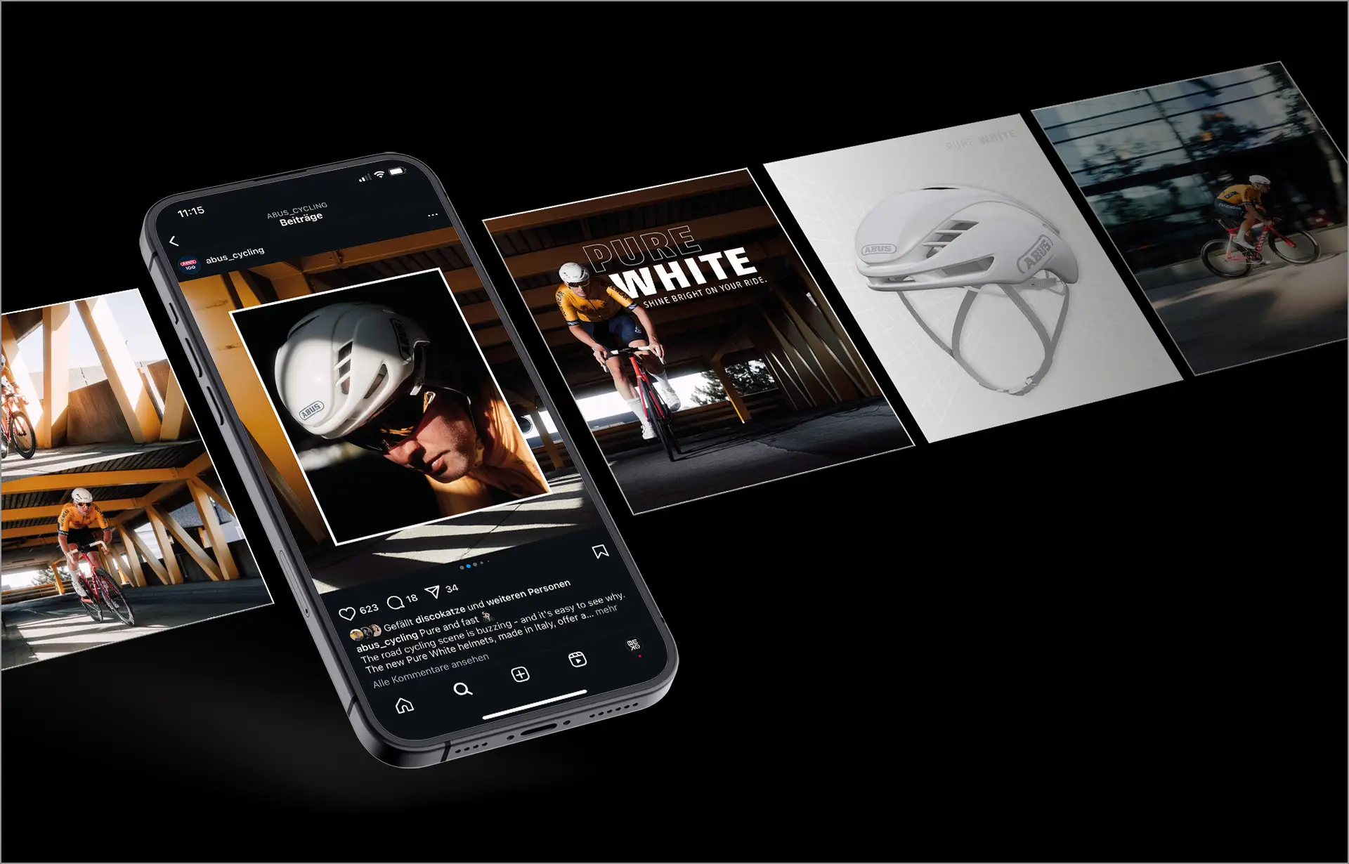 Instagram-Mockup auf Smartphone zeigt ABUS Cycling Kampagne für die Helm-Kollektion Pure White mit Produkt- und Actionfotos