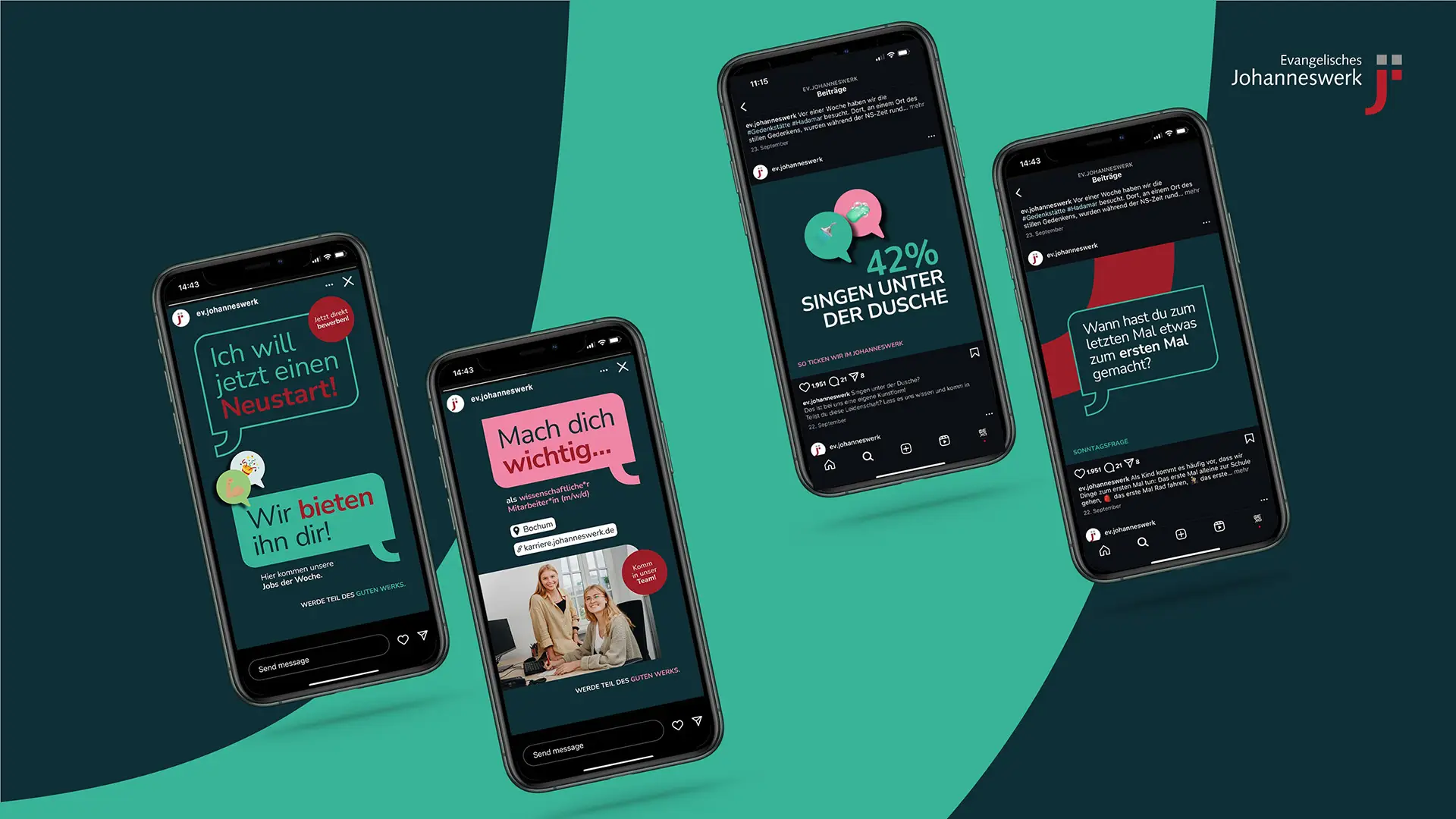 Vier Smartphone-Mockups zeigen Instagram-Kampagne von BECKDESIGN für das evangelische Johanneswerk
