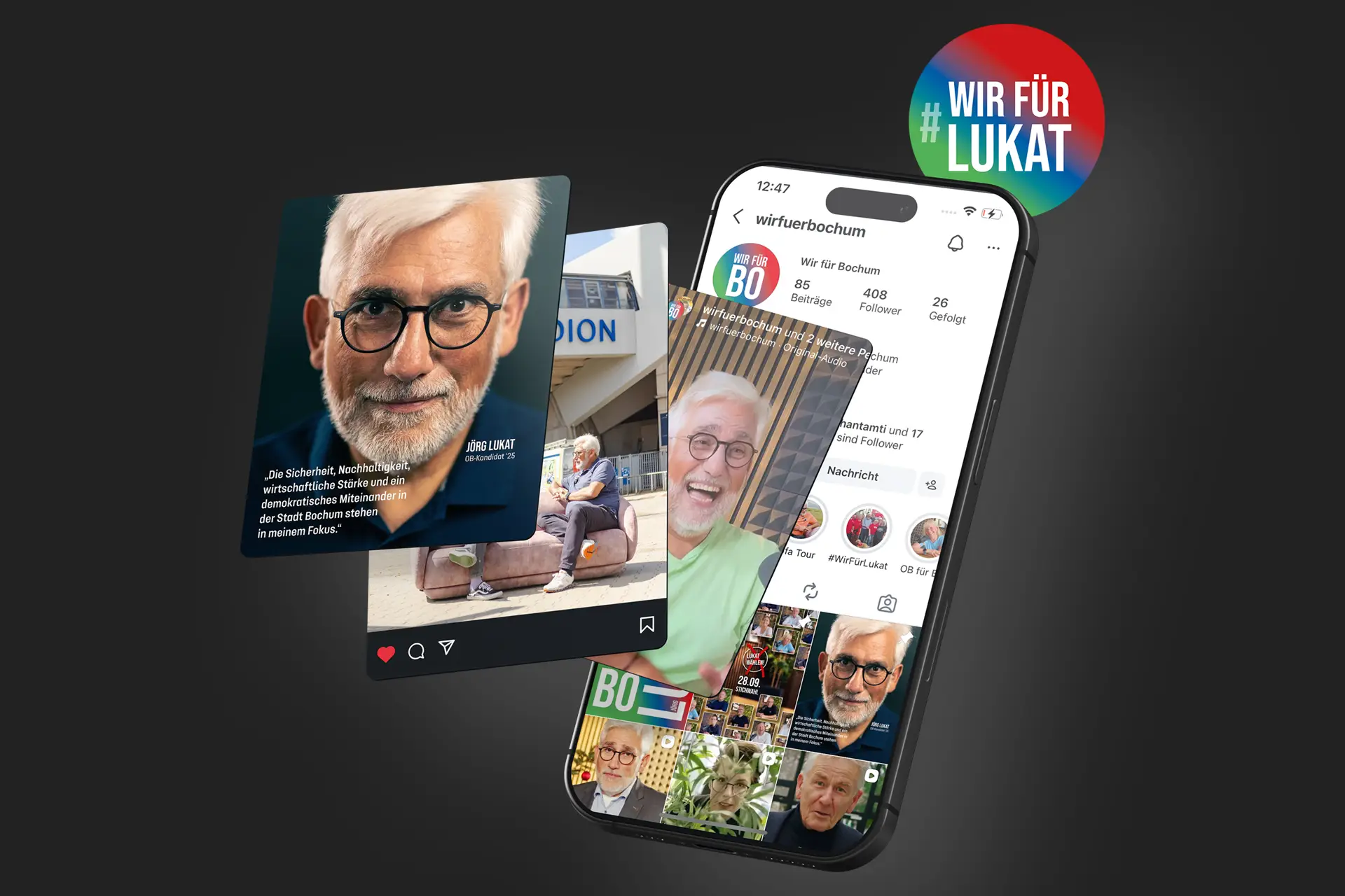 Smartphone-Mockups zeigen Social-Media-Kampagne mit Kandidatenporträt und Instagram-Profil