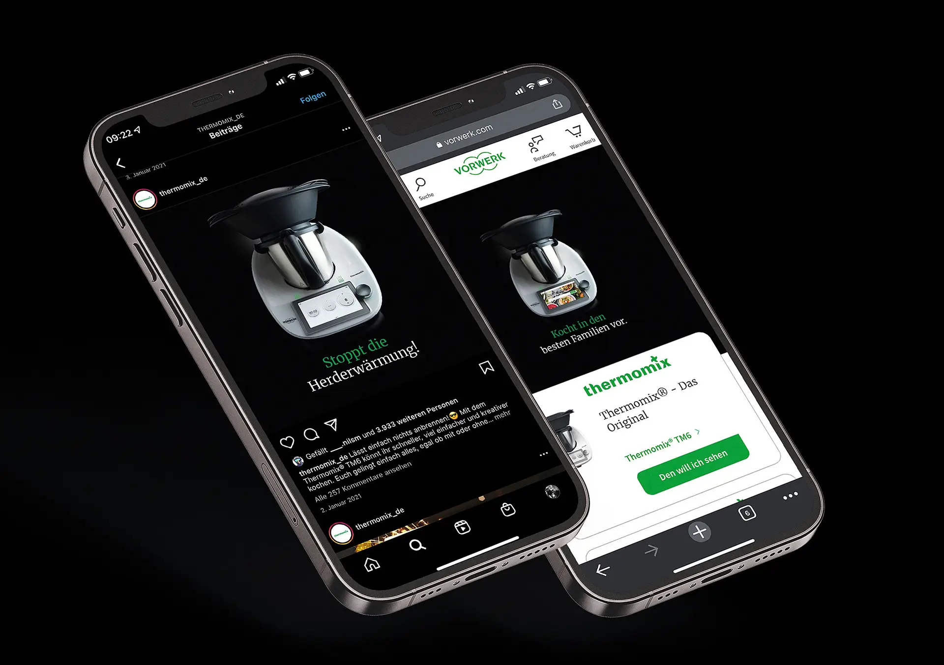 Smartphone-Mockups zeigen Instagram-Posting und Website von Thermomix im Rahmen des Social Media Marketings
