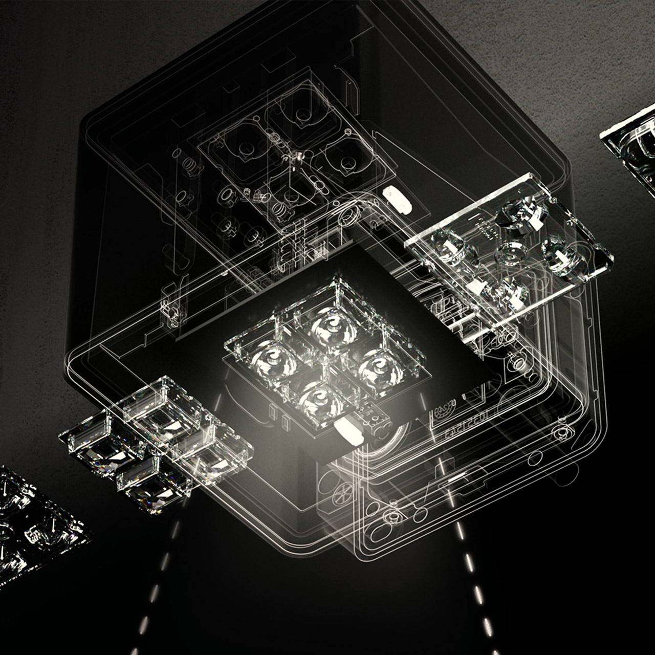 Exploded view of an Osido light fixture housing with LED modules in a 3D animation, used as a thumbnail for the project
