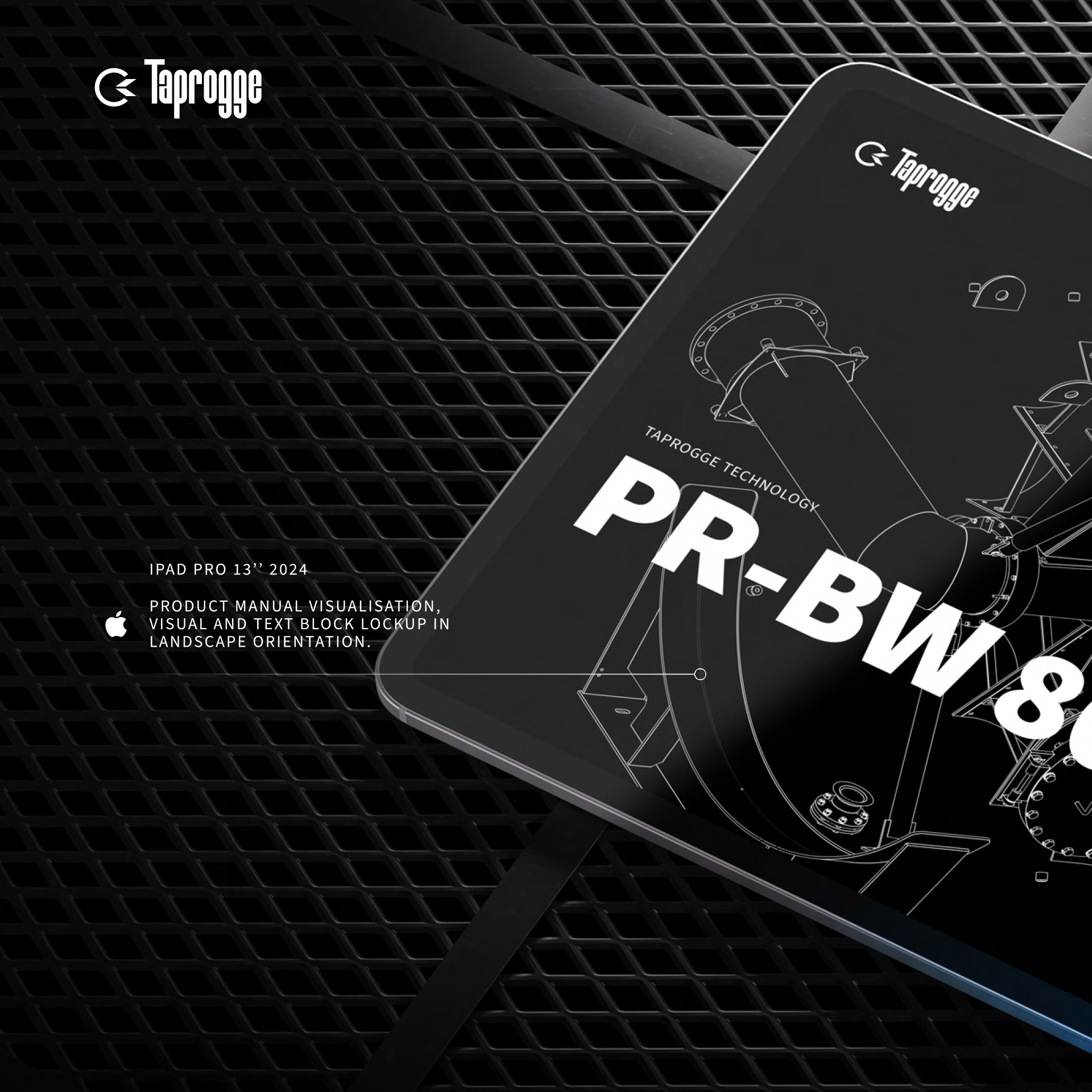 Mockup eines technischen Produktmanuals „PR-BW 8" von Taprogge auf einem iPad Pro, im Querformat auf gelochtem Metallblech liegend.