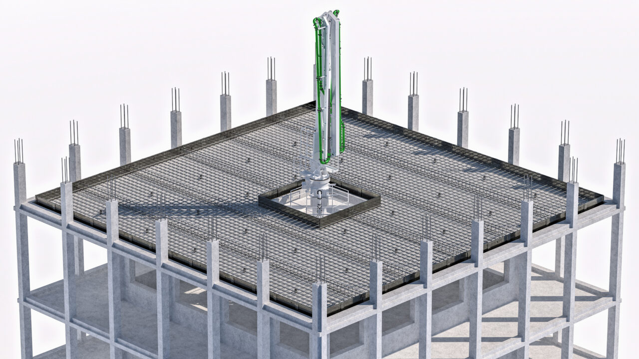 3D-Visualisierung eines Rohbaugeschosses mit Stützen und bewehrter Decke, in deren Mitte der SCHWING SPB 35 in einer Deckenaussparung steht