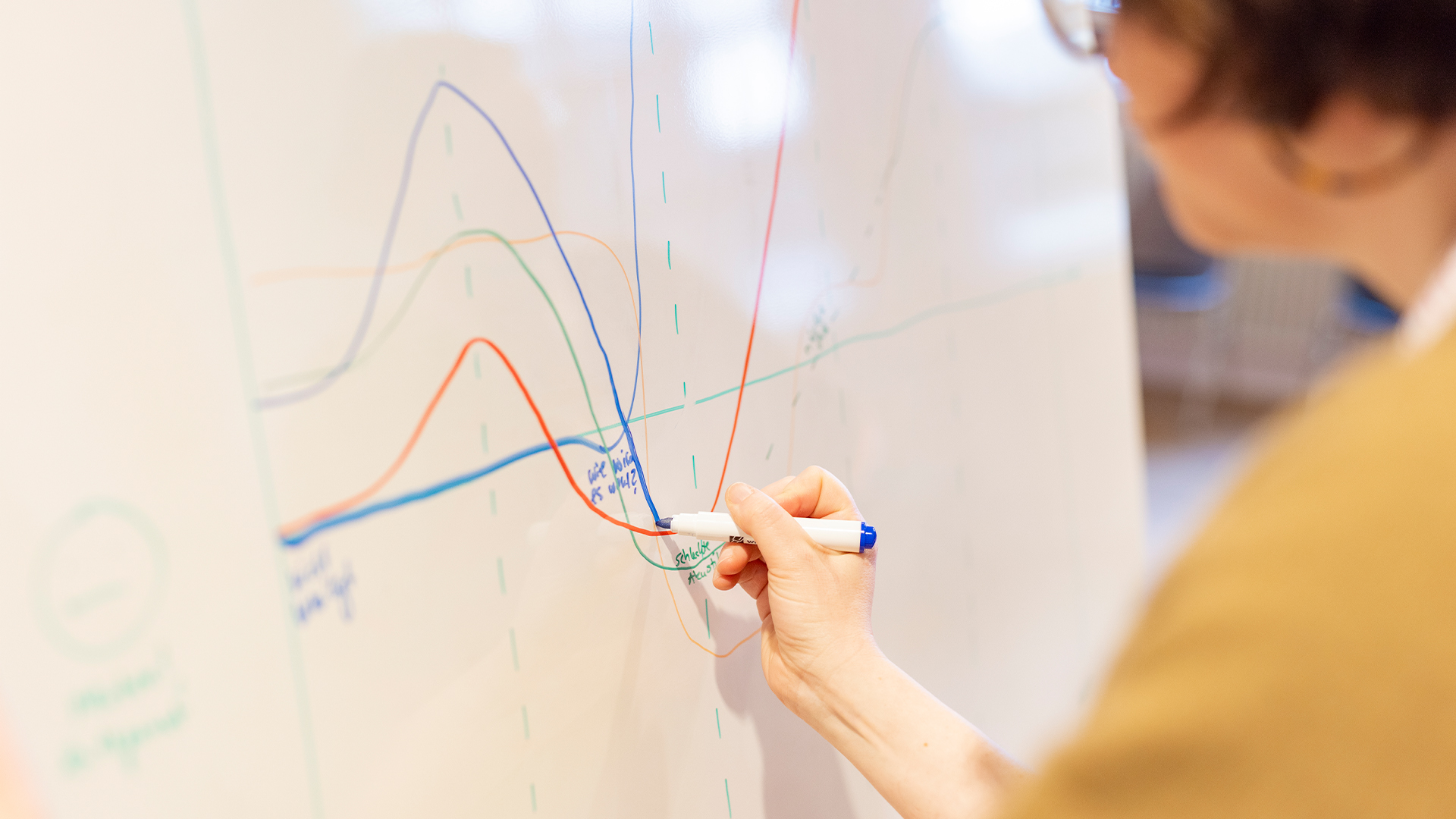 Hand zeichnet mit blauem Marker farbige Kurven auf ein Whiteboard